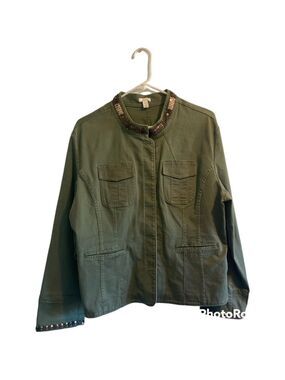Apt. 9 Womens XL Green Army Style Jacket Copper Sequins On Collar Long Sleeves